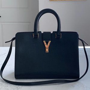 Saint Laurent Cabas Chyc Black Leather Two Way Tote Handbag Satchel